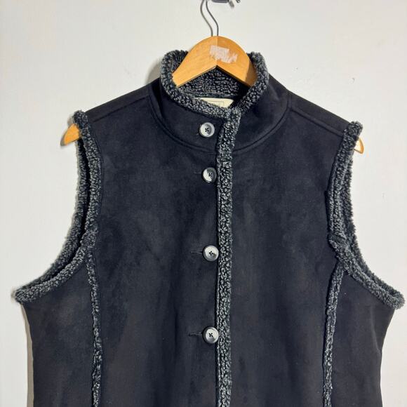 LL Bean Sherpa Lined Vest Women XL Black Faux Suede Button Up Cozy Collared - Picture 4 of 8
